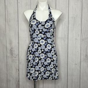 Hollister Y2K Blue Floral Halter Smocked Mini Dress, sz Small